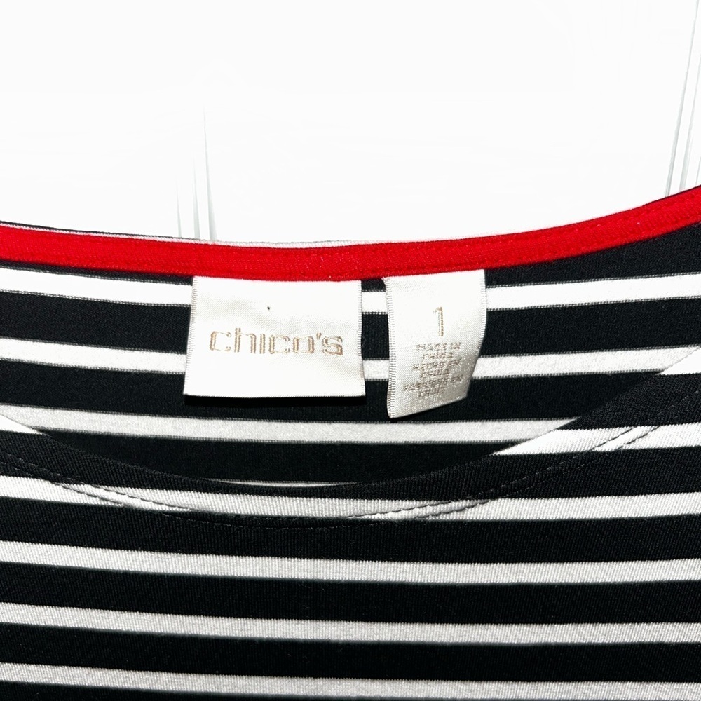 Chico's Black and White Short Sleeve Striped Peplum Top Size 1 - Picture 4 of 4